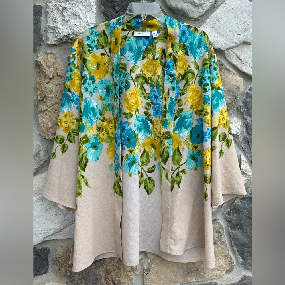 Susan Graver Top Sz M Kimono Cardigan Floral Spring Botanical Colorful Feminine